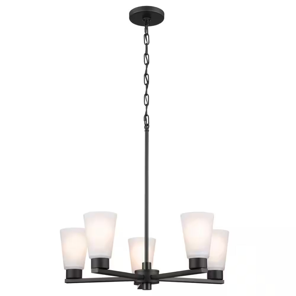 Stamos 24 In. 5-Light Black Modern Shaded Circle Dining Room Chandelier with Satin Etched Glass Shades