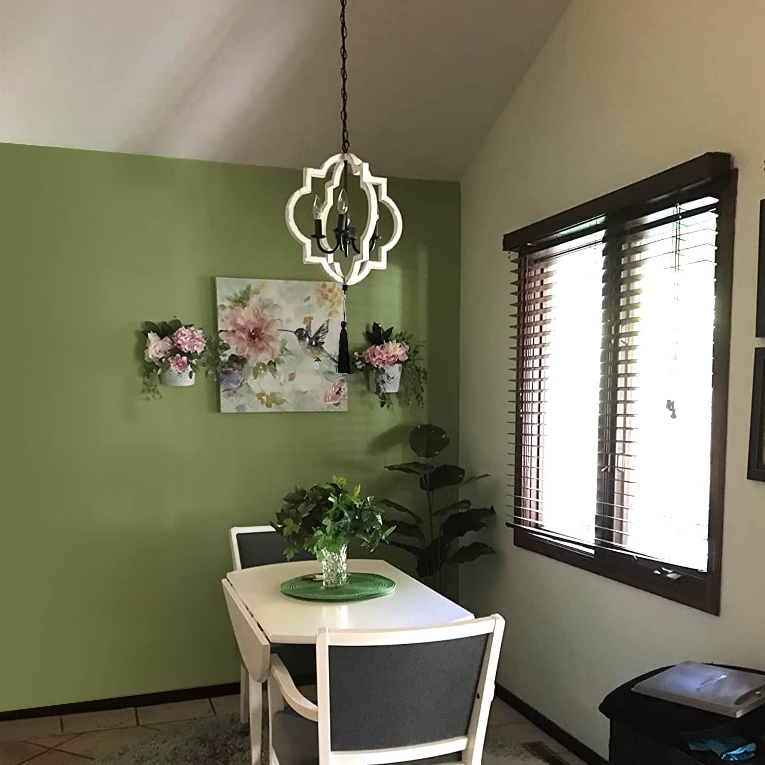 White Farmhouse Chandelier for Dining Room,4 Light White Wood Chandelier Fixture