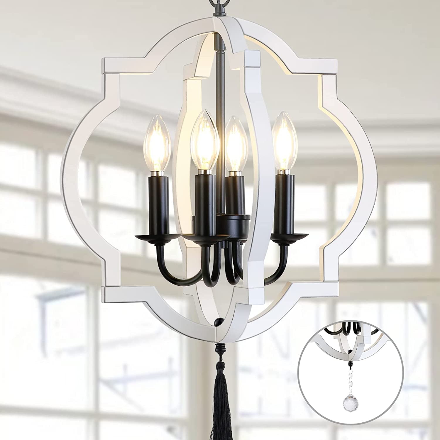 White Farmhouse Chandelier for Dining Room,4 Light White Wood Chandelier Fixture