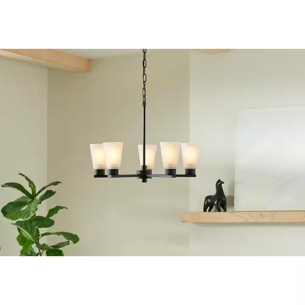 Stamos 24 In. 5-Light Black Modern Shaded Circle Dining Room Chandelier with Satin Etched Glass Shades