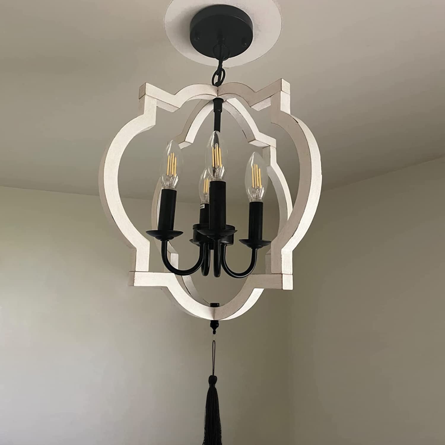 White Farmhouse Chandelier for Dining Room,4 Light White Wood Chandelier Fixture