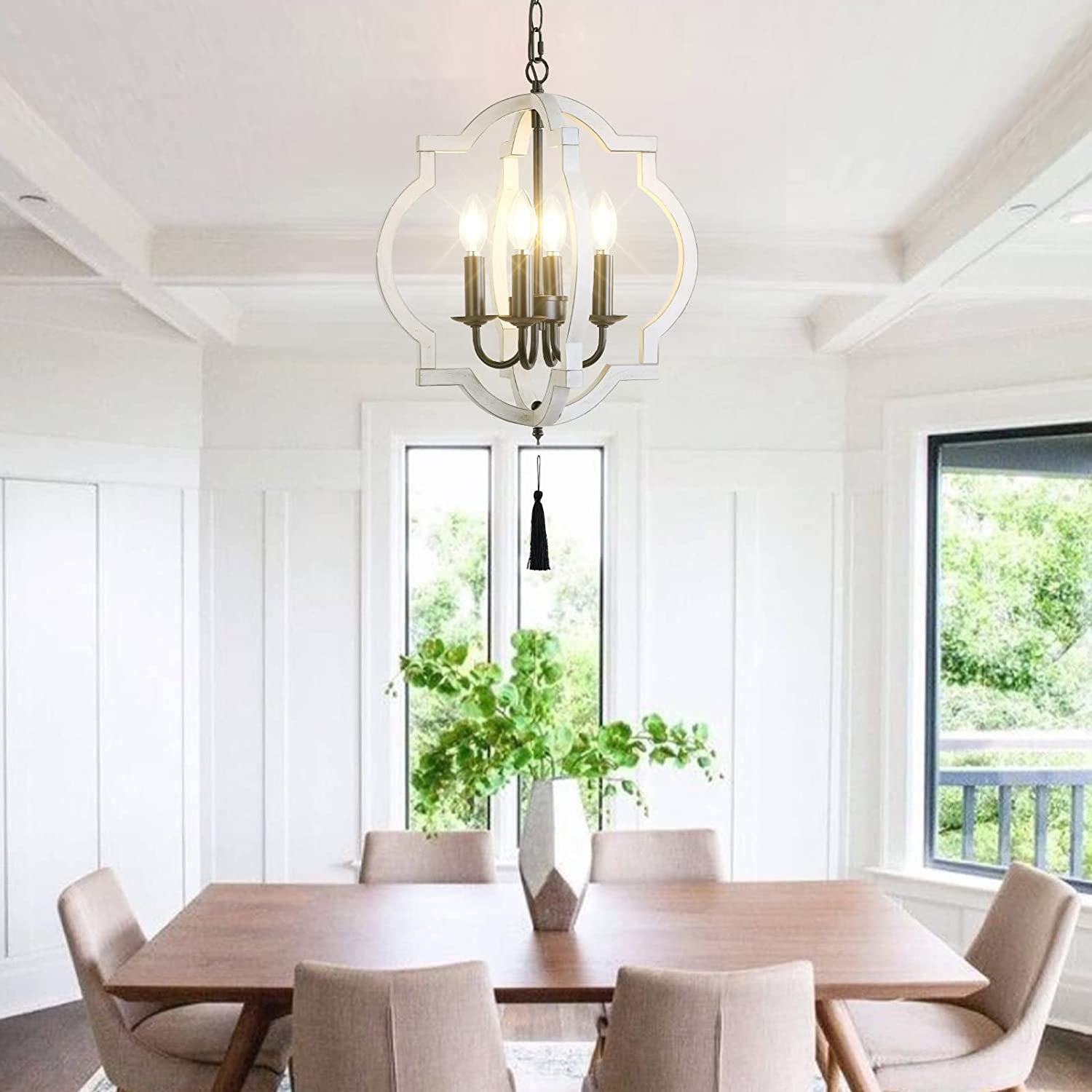 White Farmhouse Chandelier for Dining Room,4 Light White Wood Chandelier Fixture